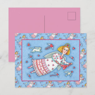 FOLK ART ANGEL, CAT AND FLYING HEARTS VALENTINE HOLIDAY POSTCARD