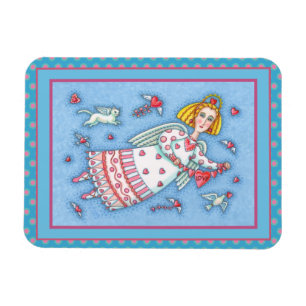 FOLK ART ANGEL, CAT AND FLYING HEARTS VALENTINE MAGNET