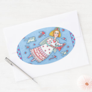 FOLK ART ANGEL, CAT AND FLYING HEARTS VALENTINE OVAL STICKER