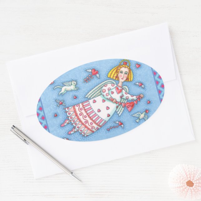 FOLK ART ANGEL, CAT AND FLYING HEARTS VALENTINE OVAL STICKER (Envelope)