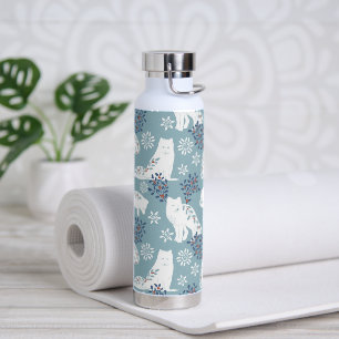 Folk Art Arctic Fox in the Snow with Holly Water Bottle