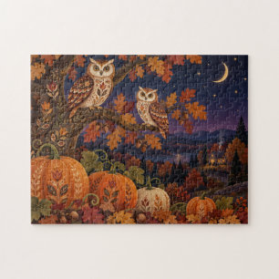 Folk Art Autumn Owls Pumpkin Night Landscape Jigsaw Puzzle