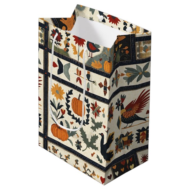 Folk Art Autumn Quilt Pattern | Rustic Harvest Medium Gift Bag (Front Angled)
