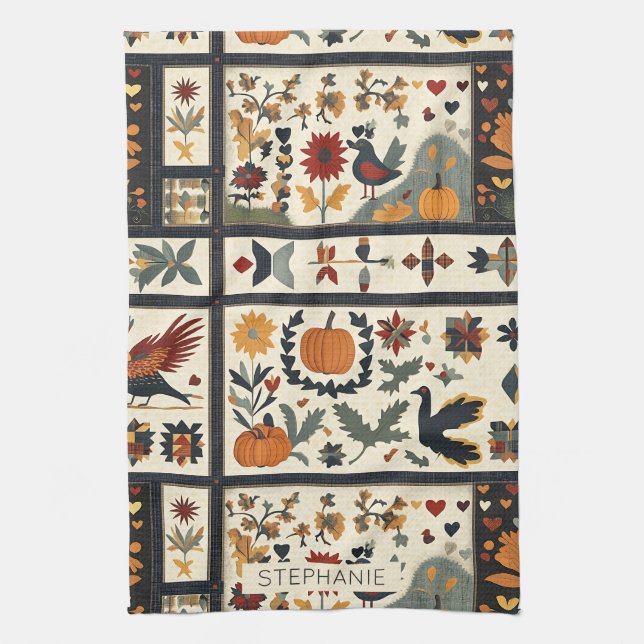 Folk Art Autumn Quilt Pattern | Rustic Harvest Tea Towel (Vertical)
