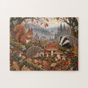 Folk Art Autumn Woodland Animals Forest Scene Jigsaw Puzzle