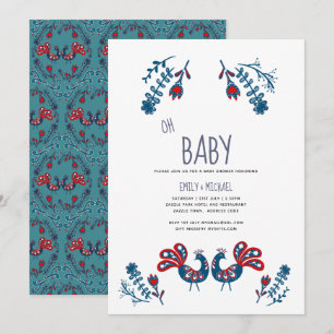 Folk Art Baby Shower Invitation Birds Scandinavian