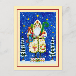 FOLK ART BALTIMORE QUILT FATHER CHRISTMAS HOLIDAY POSTCARD