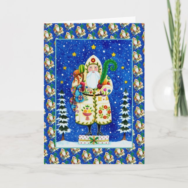 FOLK ART BALTIMORE QUILT FATHER CHRISTMAS Verse Holiday Card (Front)