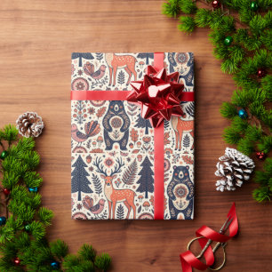 Folk Art Bear Deer Sparrow Forest Wrapping Paper