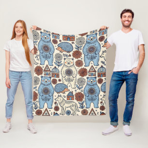 Folk Art Bear Hedgehog Wolf Pattern Blanket