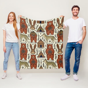 Folk Art Bear Rabbit Wolf Nordic Blanket