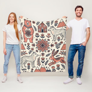 Folk Art Bear Wolf Hare Forest Pattern Blanket