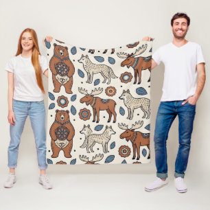 Folk Art Bear Wolf Moose Nordic Forest Blanket