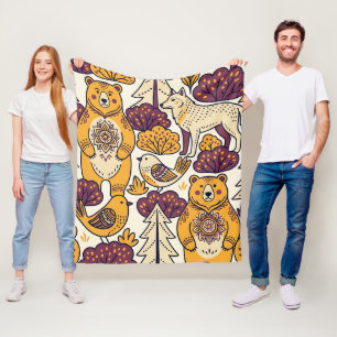 Folk Art Bear Wolf Robin Forest Blanket