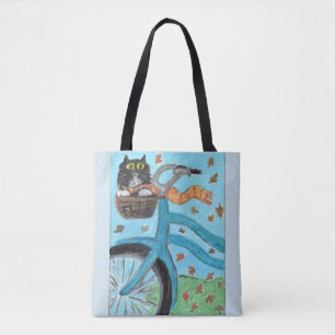 Folk Art Bicycle Cat Unique Fun Painting Tote Bag