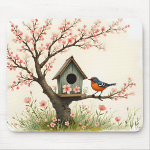 Folk Art Bird and Birdhouse Mouse Mat