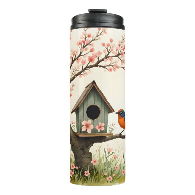 Folk Art Bird and Birdhouse Thermal Tumbler (Front)