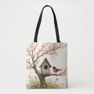Folk Art Bird and Birdhouse Tote Bag