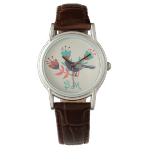 Folk Art Bird and Floral Monogram Watch