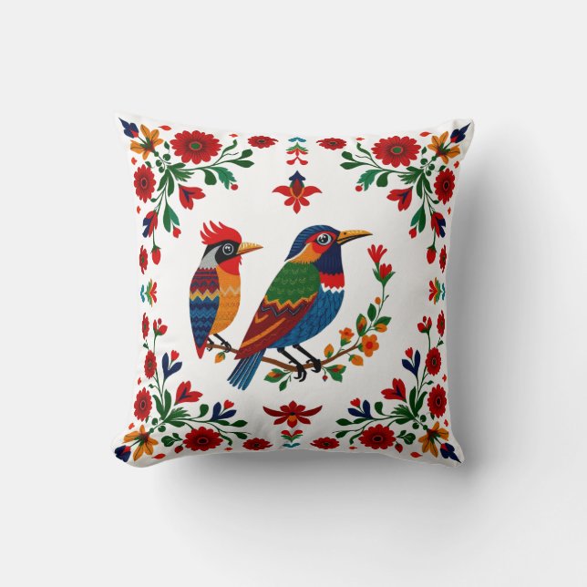 Folk Art Birds & Blooms – Symmetrical Natural Cushion (Front)