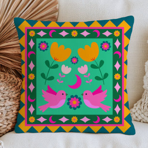 Folk Art Birds Dopamine Aesthetic Colourful Cushion