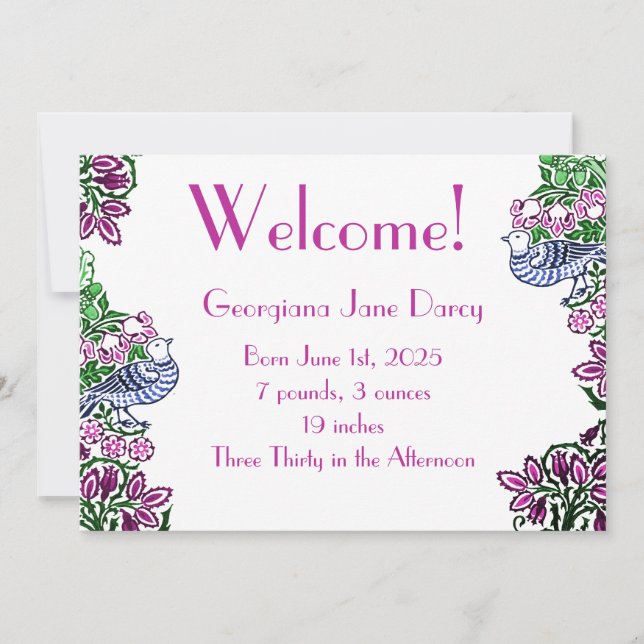 Folk Art Birds Flowers Acorns Blue Invitation (Front)