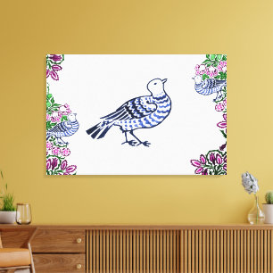 Folk Art Birds Flowers Acorns Canvas Print