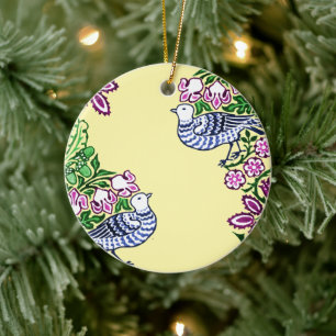 Folk Art Birds Flowers Acorns Ceramic Tree Decoration