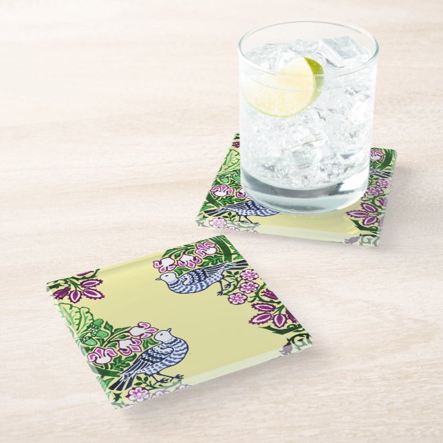 Folk Art Birds Flowers Acorns Glass Coaster (Angled)