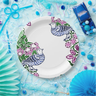 Folk Art Birds Flowers Acorns Paper Plate