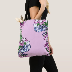 Folk Art Birds Flowers Acorns Tote Bag