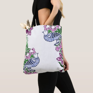 Folk Art Birds Flowers Acorns Tote Bag