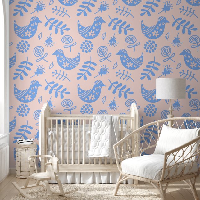 Folk Art Birds Pastel Pink and Blue Wallpaper (Kids)