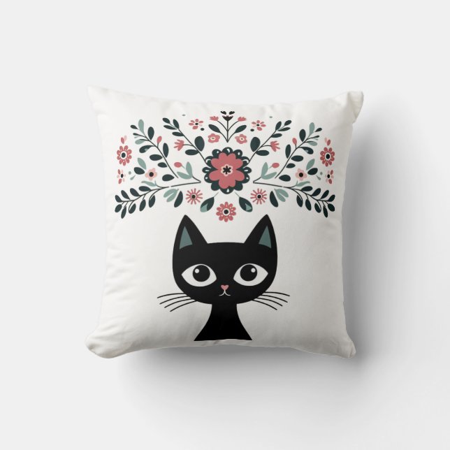 Folk Art Black Cat and Flowers Cushion (Front)