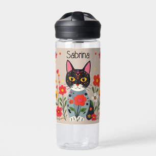 Folk Art Black Cat and Flowers Personalised Water Bottle