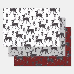 Folk Art Black Deer Trio II Wrapping Paper Sheet