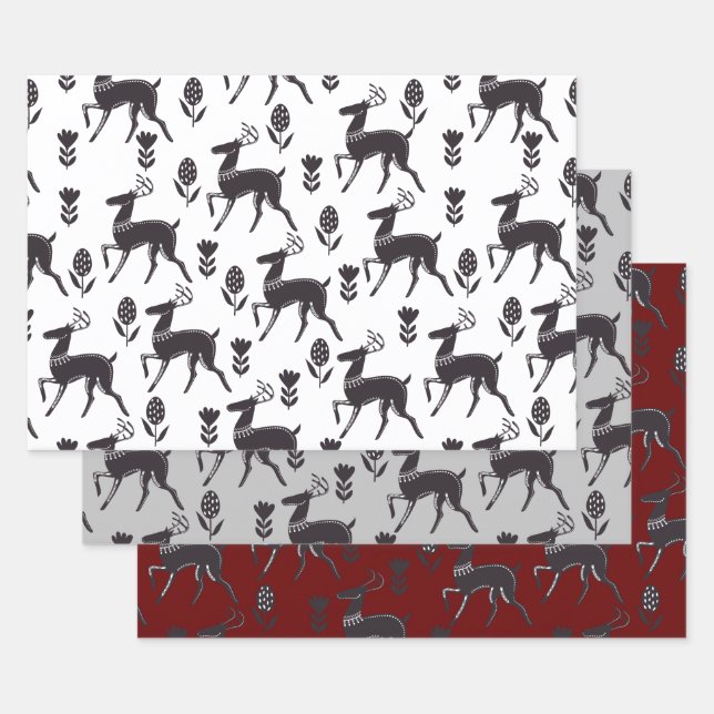 Folk Art Black Deer Trio II Wrapping Paper Sheet (Set)
