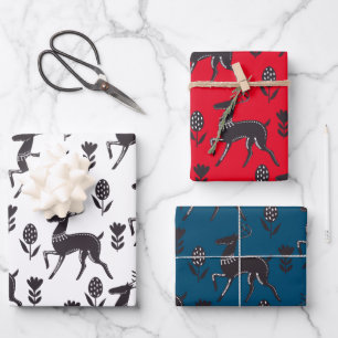 Folk Art Black Deer Trio Wrapping Paper Sheet
