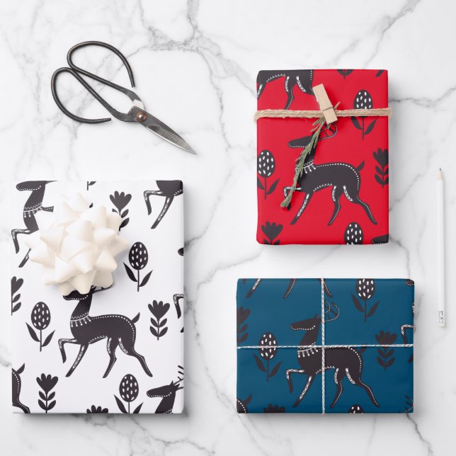 Folk Art Black Deer Trio Wrapping Paper Sheet (Front)