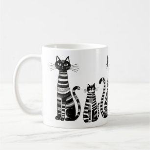 Folk Art Black White Striped Cats Coffee Mug
