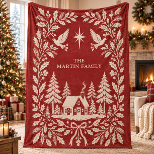 Folk Art Block Print Nordic Winter Cabin Holiday Fleece Blanket
