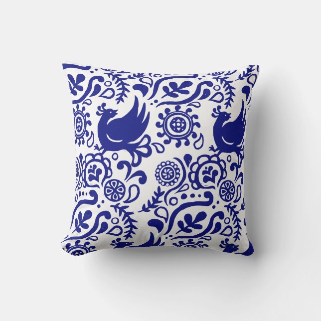 Folk Art Blue and White Pillow (Front)