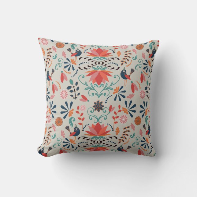 Folk art blue birds red floral pattern cushion (Front)
