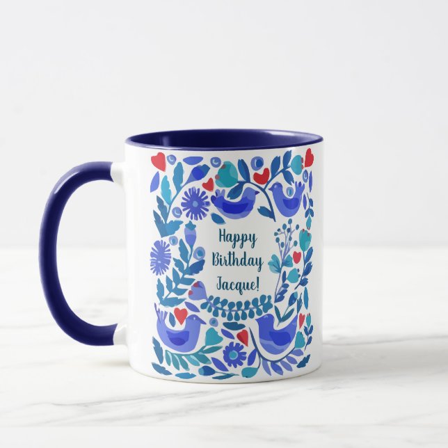 Folk Art Bluebird Personalised Birthday Gift Mug (Left)