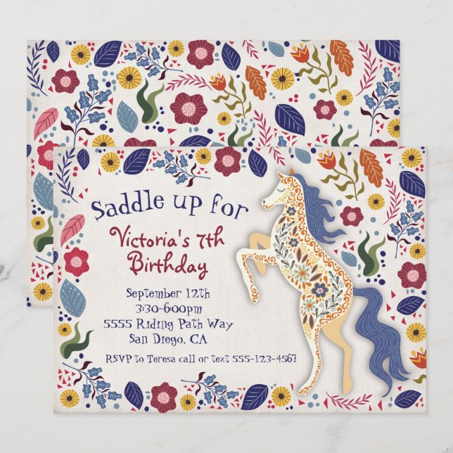 Folk art Boho Horse Birthday Party invitation (Front/Back)