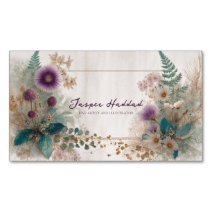 Folk Art Botanical Purple Thistle Gold Accent Magnetic Business Card