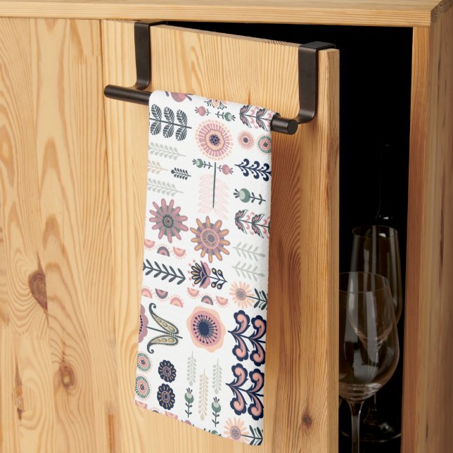 Folk Art Botanical Seamless Pattern Tea Towel (Thirds Fold)