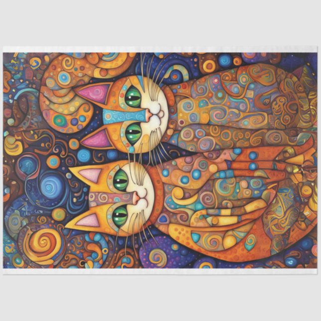 Folk Art Bright Coloured Cats Decoupage Tissue Paper (Front)