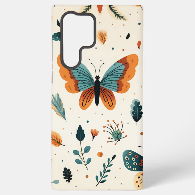 Folk Art Butterflies with Teal and Terracotta Samsung Galaxy S22 Ultra Case (Back)