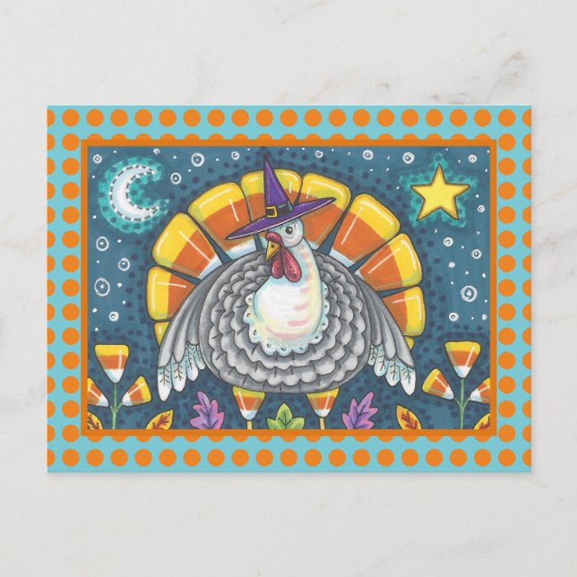 FOLK ART CANDY CORN TURKEY PILGRIM, THANKSGIVING POSTCARD (Front)